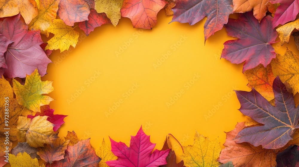 Poster a frame of vibrant fall leaves surrounding a solid color background, creating a seasonal scene with 