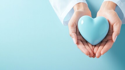 Obraz premium A pair of hands gently holding a blue heart, symbolizing care, compassion, and emotional well-being against a soft pastel background.