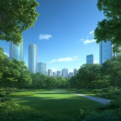 Obraz premium City Park with Skyscrapers in the Background.