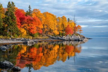 Obraz premium Autumn coloured trees along the shore and reflected in the water of lake superior in the terrace bay area of ontario- ontario, canada , ai