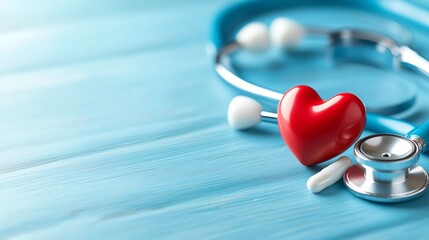 A vibrant red heart symbol next to a blue stethoscope on a wooden surface, representing health and care.