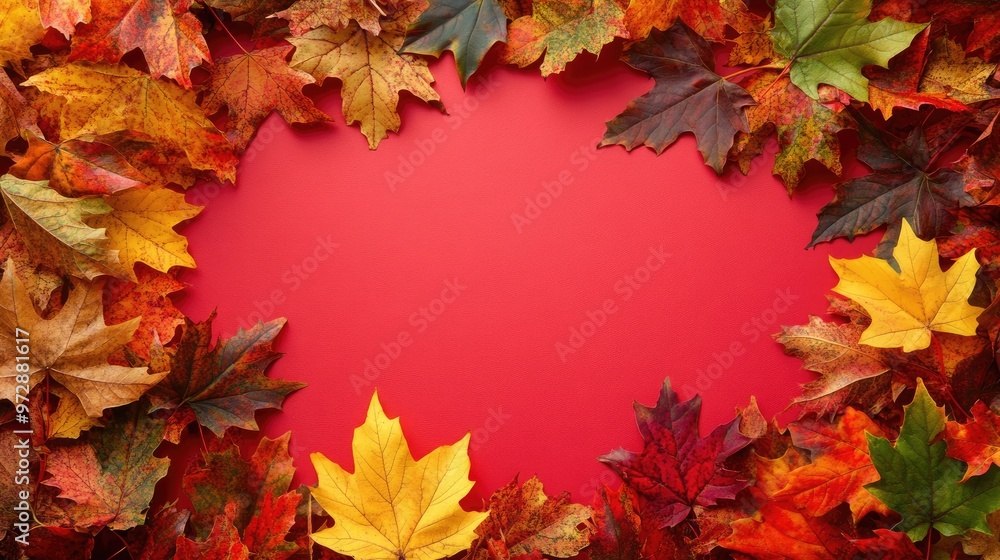 Poster a frame of vibrant fall leaves surrounding a solid color background, creating a seasonal scene with 