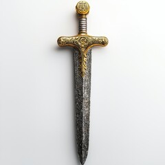 Exquisite Ancient Sword with Gilded Handle and Engraved Blade in Medieval Fantasy Style on White Background.