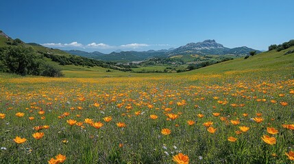 Fototapeta premium Vibrant wildflower field under a clear blue sky with mountains.