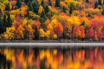 Obraz premium Autumn coloured trees along the shore and reflected in the water of lake superior in the terrace bay area of ontario- ontario, canada , ai
