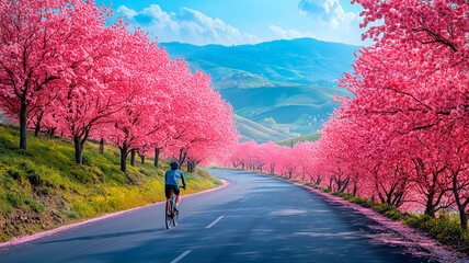 Cyclist riding on scenic road surrounded by blooming pink trees in spring