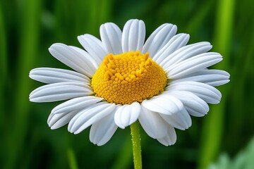 Obraz premium A close-up of a single chamomile blossom, with delicate white petals surrounding a vibrant yellow center