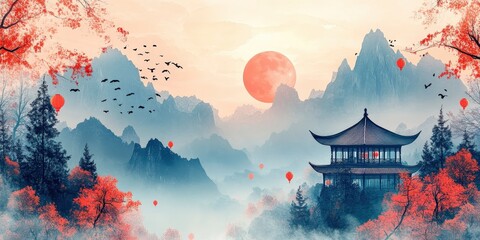 Obraz premium Rabbit Festival with Lanterns and Mooncakes by the Mountains