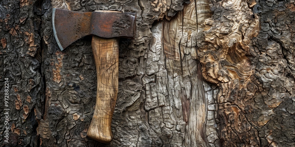 Poster axe embedded in the bark of an old tree