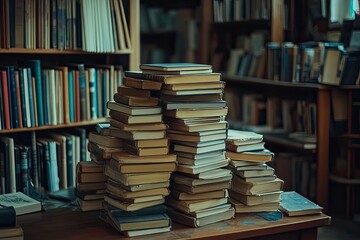 Book stack on the desk in public library , ai