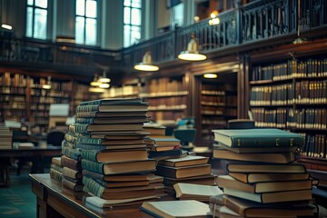 Fototapeta premium Book stack on the desk in public library , ai