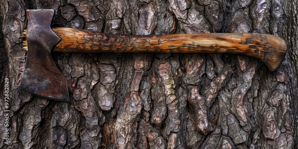 Aufkleber chopping tool embedded in the bark of an aged tree