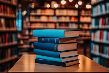 Book stack on the desk in public library , ai