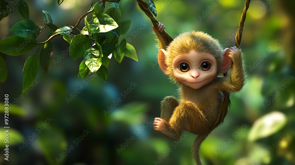 Poster 18. **charming 3d render of a baby monkey swinging from a vine with a playful expression