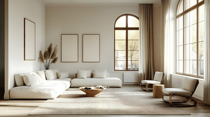 A serene, minimalist living room featuring neutral tones and natural light.