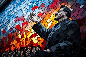 Obraz premium A colorful mosaic of Lenin addressing a crowd, with red flags waving in the background, capturing the revolutionary spirit