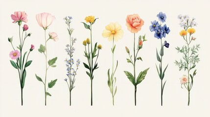 A set of flower stamps design, featuring detailed illustrations of various flowers from around the world in a collectible format