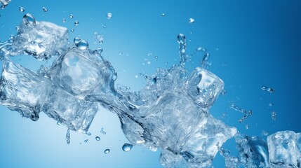 Ice cubes falling into water on blue background. Neural network ai generated art