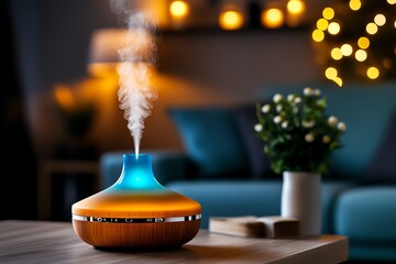 A cozy living room with a chamomile-scented diffuser, releasing calming aromas while soft music plays in the background