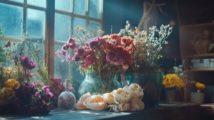 Fototapeta premium A scene showcasing flower preservation techniques, with flowers being dried, pressed, or placed in resin, demonstrating various methods of keeping their beauty intact