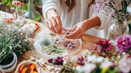 A scene showcasing flower preservation techniques, with flowers being dried, pressed, or placed in resin, demonstrating various methods of keeping their beauty intact