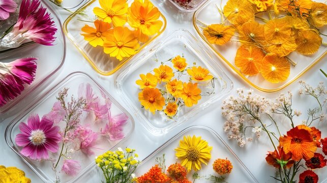 A scene showcasing flower preservation techniques, with flowers being dried, pressed, or placed in resin, demonstrating various methods of keeping their beauty intact