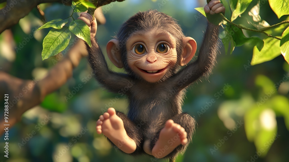 Poster 18. **charming 3d render of a baby monkey swinging from a vine with a playful expression