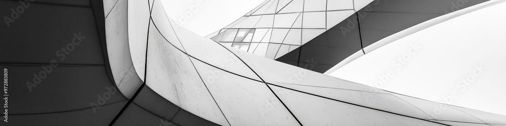 Poster a black and white photo of a building with a curved design. the photo is blurry and has a grainy app