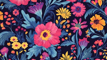 A flower-inspired pattern, with stylized floral motifs repeating in vibrant colors, creating a seamless design for fabrics or decor