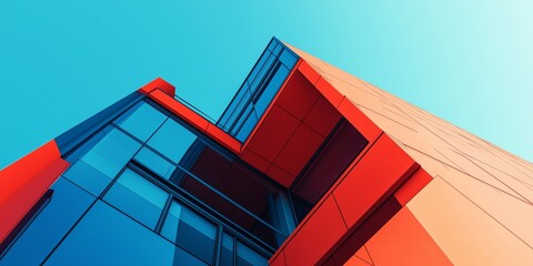 A tall red building with a blue roof and glass windows. The building is tall and has a modern look