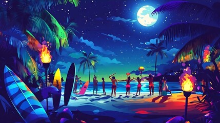 Nighttime Beach Party with Friends Under Full Moon and Palm Trees