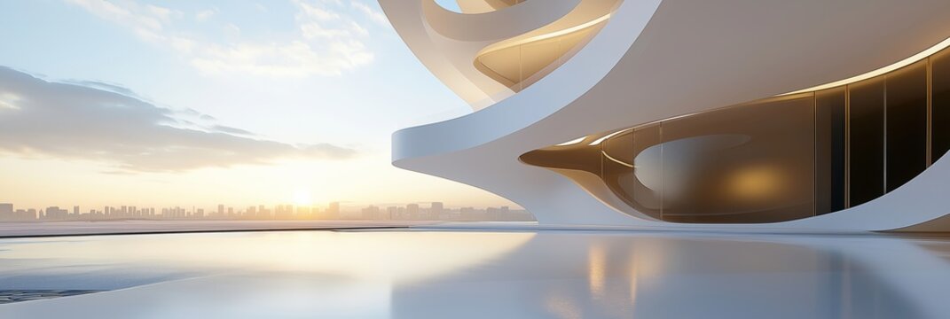 A futuristic building with a pool and a city in the background