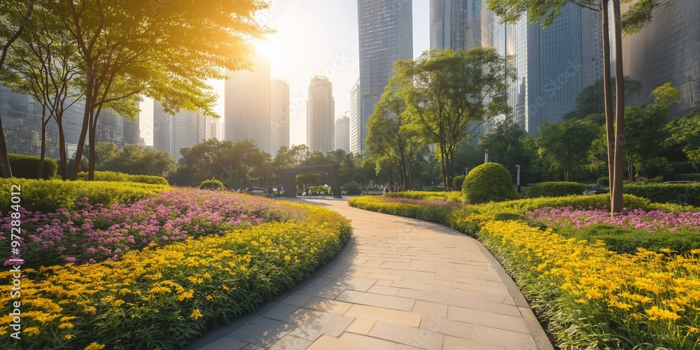 Poster a path in a park with a city in the background. the path is lined with flowers and trees