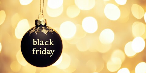 Black Friday discounts illustrated with a festive ornament against a sparkling gold background