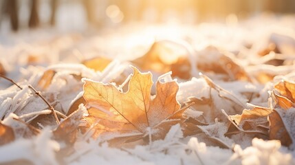 Autumn fallen maple leaves covered in snow. Neural network ai generated art