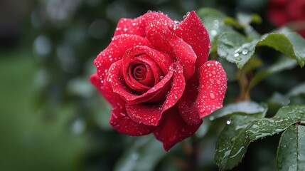 The beauty of a deep red rose highlighted by the shimmering dewdrops on its petals