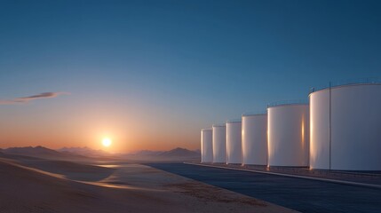 Fototapeta premium Industrial Tanks at Sunset in the Desert.