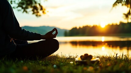 A serene scene of meditation at sunset by a tranquil lake, promoting peace and mindfulness in nature's beauty.