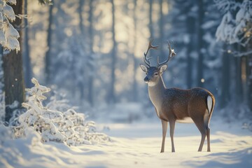 Obraz premium A Fawn Deer Stands in a Snowy Forest