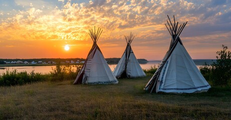 Obraz premium Three tipis at sunset in Alberta grasslands with an Indigenous village in the background