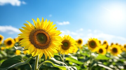 A vibrant sunflower stands tall against a bright blue sky, showcasing the beauty of nature in full bloom.