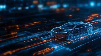 Futuristic electric car in a digital landscape with glowing elements, showcasing advanced technology and modern design.