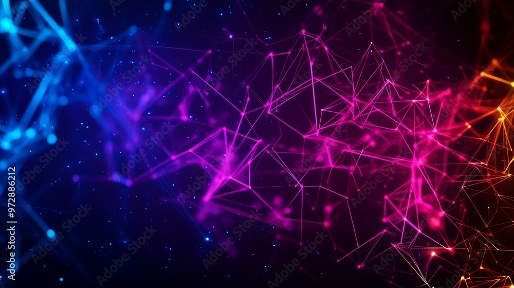 Poster vibrant abstract design showcasing colorful interconnected lines and dots against a dark background,