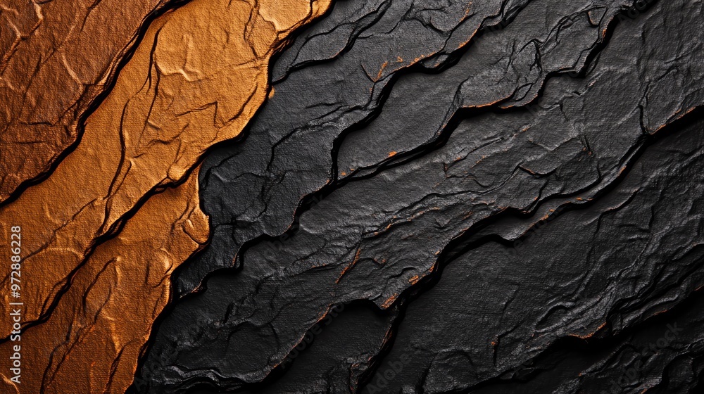 Poster textured surface with contrasting black and orange shades, showcasing intricate patterns and depth f