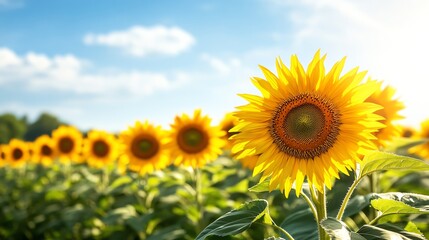 Fototapeta premium Vibrant sunflowers blooming under a clear blue sky, showcasing their bright yellow petals in a picturesque field.