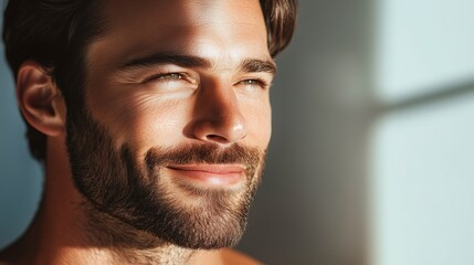 Obraz premium Young man smiling softly in warm natural light during the morning in a brightly lit indoor space