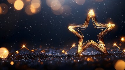 Glowing Golden Christmas Star on Dark Background with Framing Lights for Holiday Messages