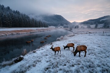 A herd of elk walks alongside a frosty river flowing through a snow-blanketed field, with misty forested hills in the background, emphasizing the beauty of the wilderness.