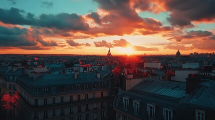 A vibrant sunset over the cityscape of Paris with the Eiffel Tower in the distance.