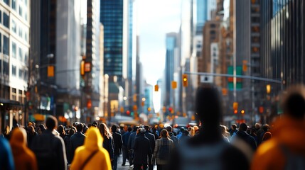 Obraz premium A busy urban scene with a diverse crowd crossing the street under bright city lights and towering skyscrapers.